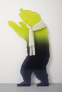 Painted acrylic with hand-knitted mohair scarf Acrilico e pittura con sciarpa di mohair fatta a mano, 230 x 85 x 2 cm ,2014